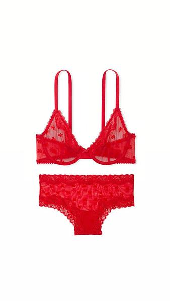 Мереживний комплект від Victoria's Secret - Tease Mesh Lace-Trim Cheeky Panty / Lightly Lined Wireless Lace-Trim Bra Bright Vermillion Bows  зображення