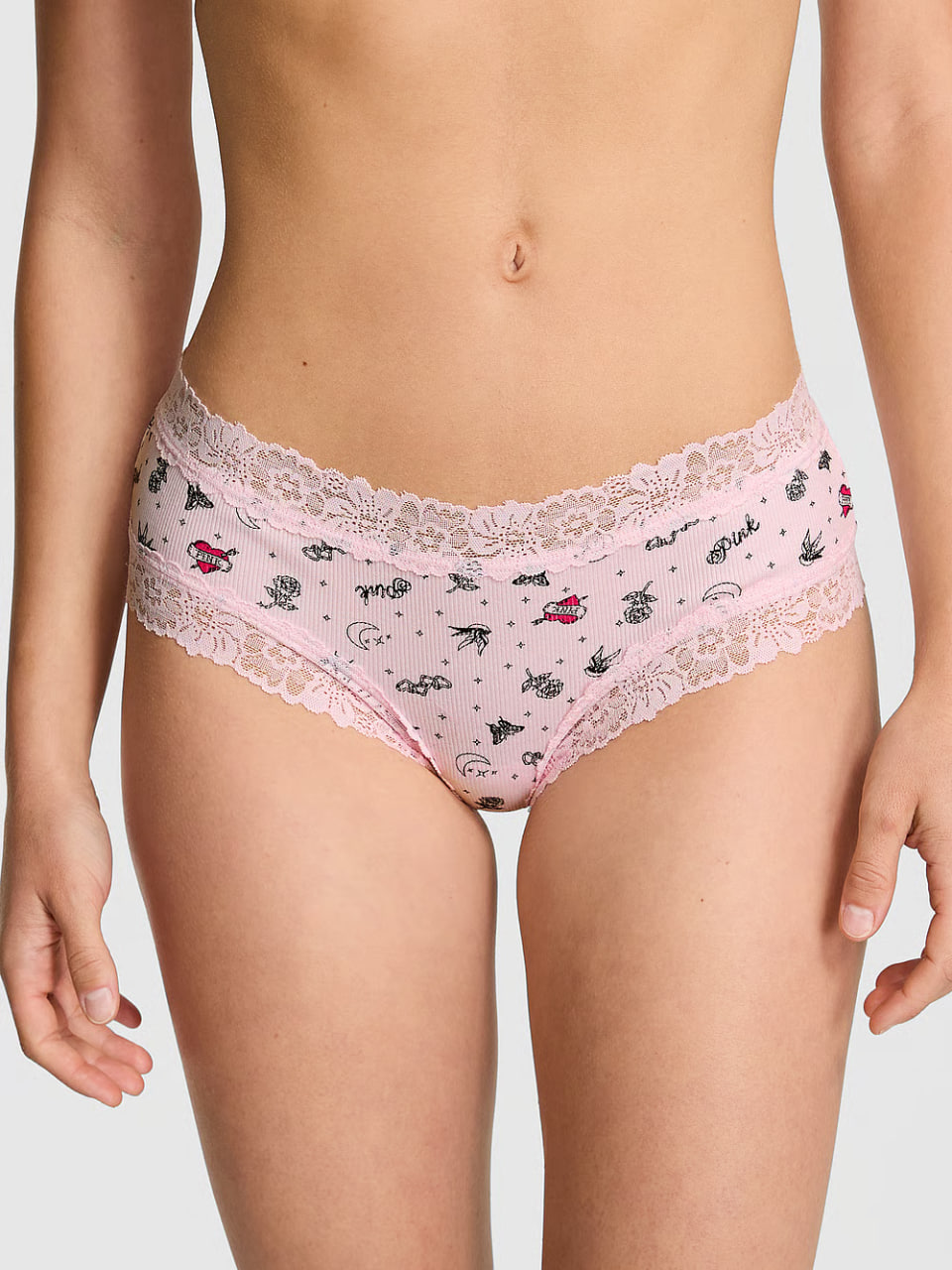 Жіночі трусики з принтом та мереживом від PINK - Wink Lace-Trim Cheeky Panty