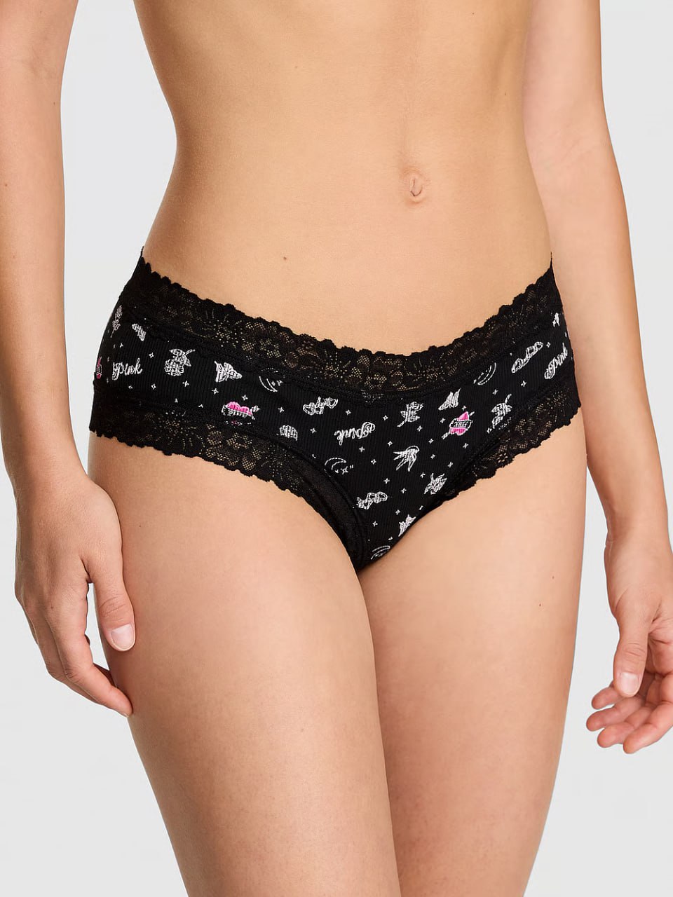 Жіночі трусики з принтом та мереживом від PINK - Wink Lace-Trim Cheeky Panty