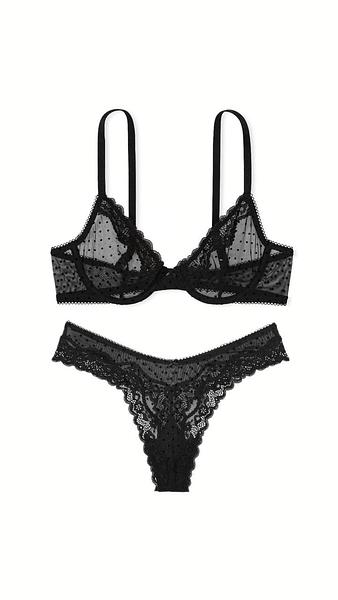Мереживний комплект від Victoria's Secret - Tease Mesh Lace-Trim High-Leg Thong Panty / Lightly Lined Wireless Lace-Trim Bra Black  зображення