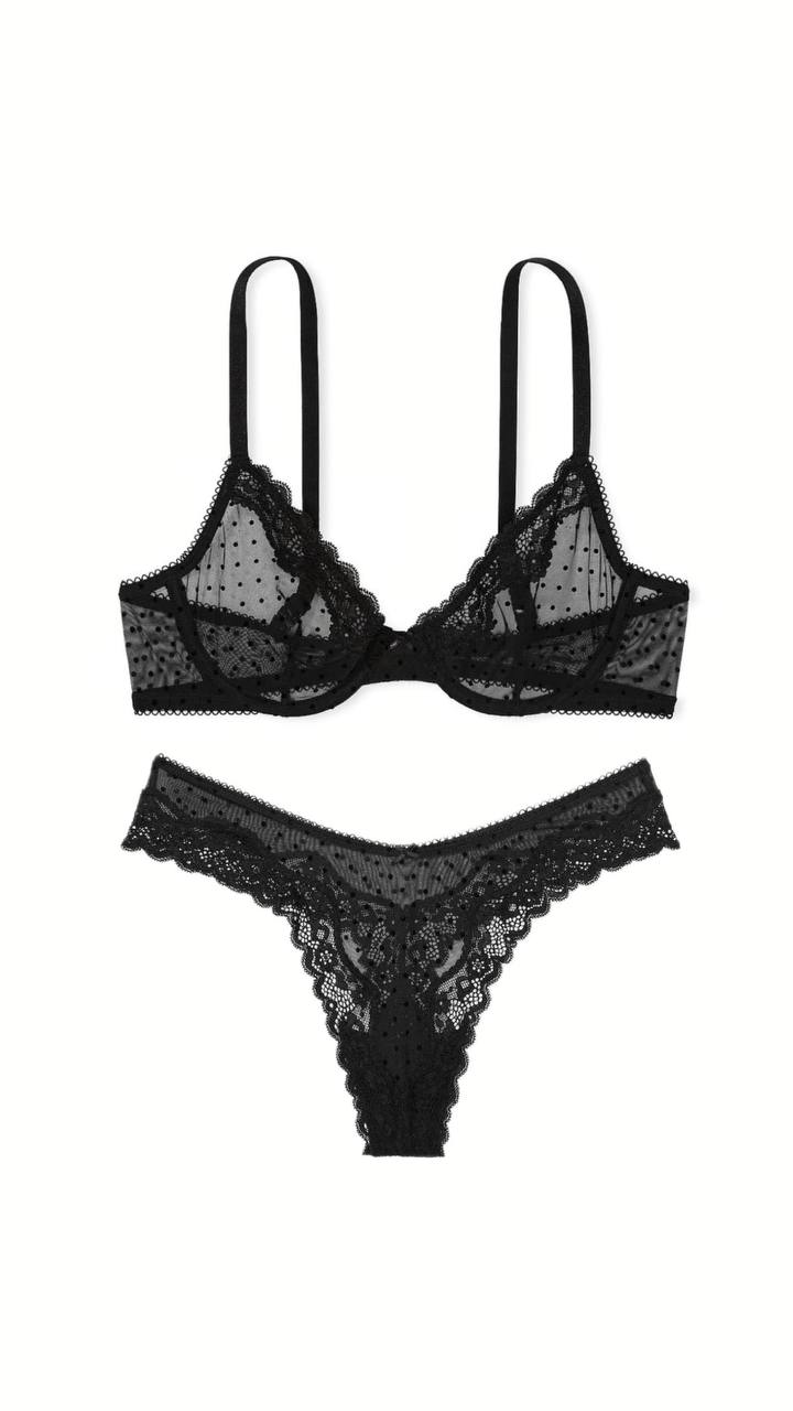 Мереживний комплект від Victoria's Secret - Tease Mesh Lace-Trim High-Leg Thong Panty / Lightly Lined Wireless Lace-Trim Bra Black