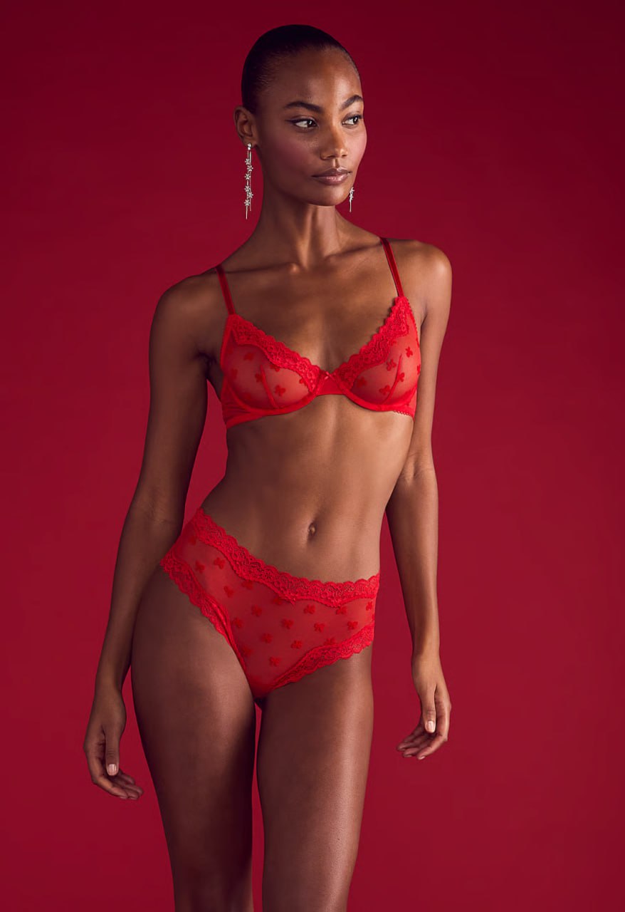 Мереживний комплект від Victoria's Secret - Tease Mesh Lace-Trim Cheeky Panty / Lightly Lined Wireless Lace-Trim Bra Bright Vermillion Bows 