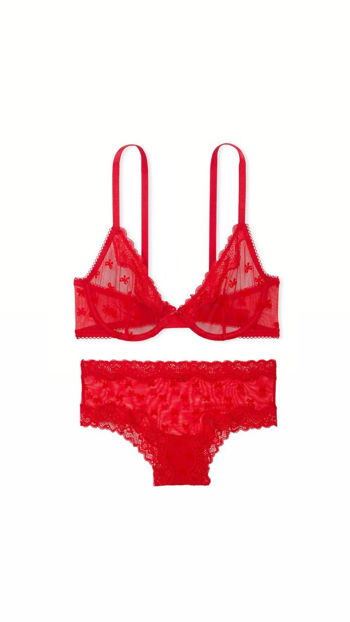 Мереживний комплект від Victoria's Secret - Tease Mesh Lace-Trim Cheeky Panty / Lightly Lined Wireless Lace-Trim Bra Bright Vermillion Bows