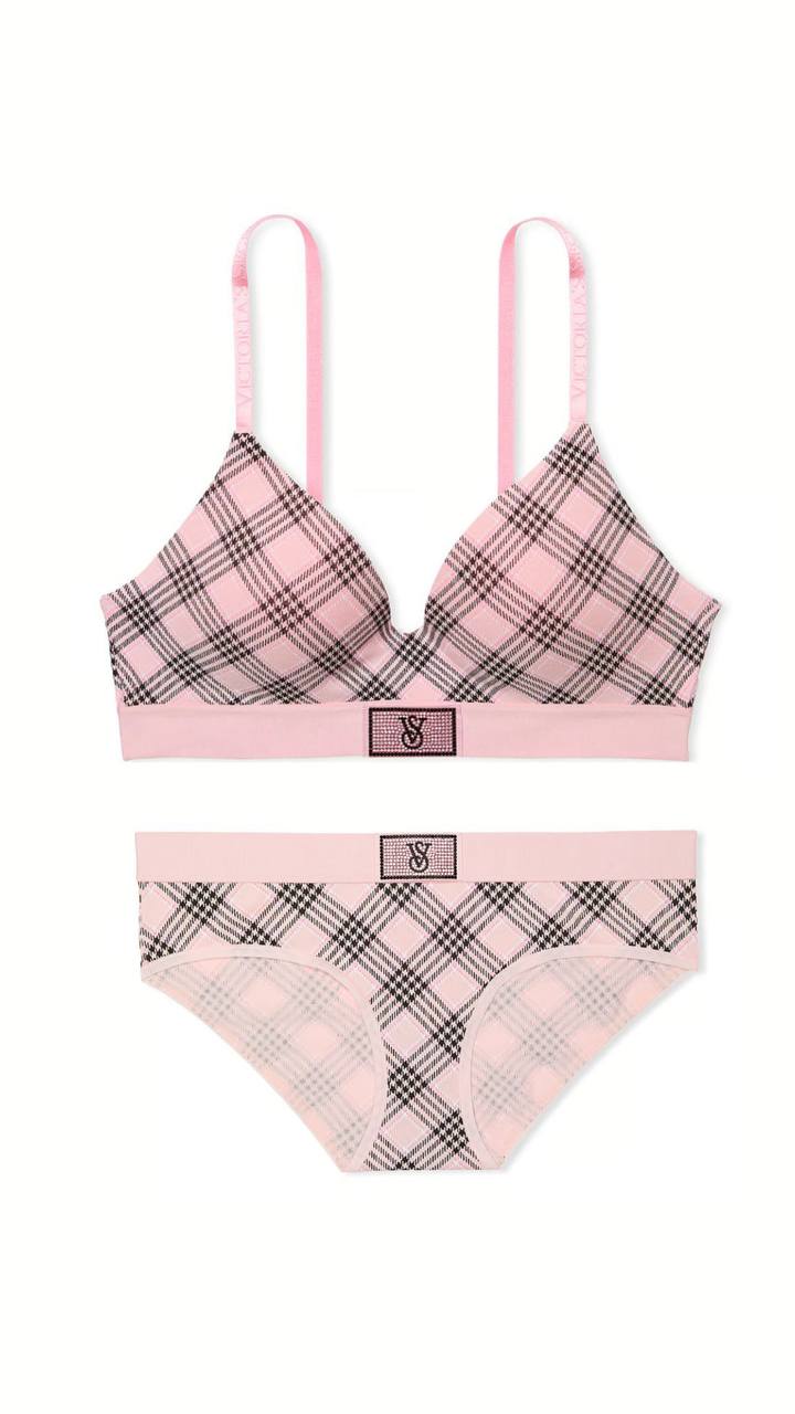 Комплект від Victoria’s Secret в клітинку - Shine Patch Lightly Lined Wireless Bra / Logo Cotton Shine Patch Hiphugger Panty