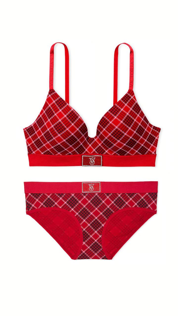 Комплект від Victoria’s Secret в клітинку - Shine Patch Lightly Lined Wireless Bra / Logo Cotton Shine Patch Hiphugger Panty