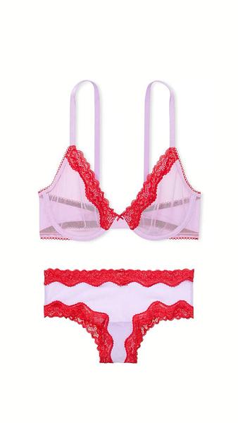 Мереживний комплект від Victoria's Secret - Tease Mesh Lace-Trim Cheeky Panty  / Lightly Lined Wireless Lace-Trim Bra Silky Lilac зображення