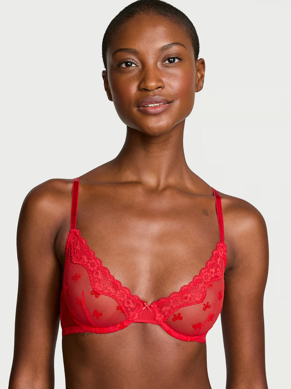 Мереживний комплект від Victoria's Secret - Tease Mesh Lace-Trim Cheeky Panty / Lightly Lined Wireless Lace-Trim Bra Bright Vermillion Bows