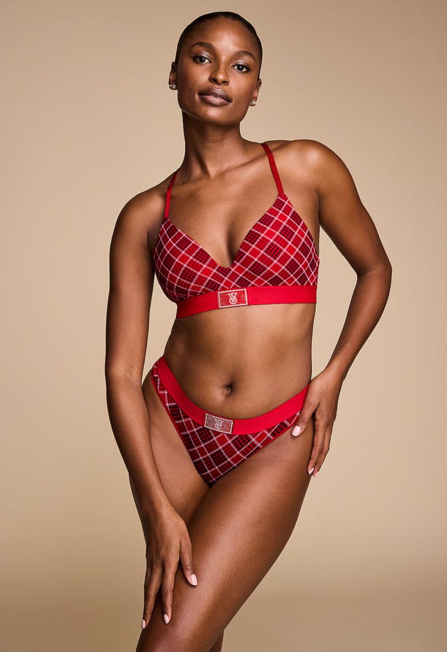 Комплект від Victoria’s Secret в клітинку - Shine Patch Lightly Lined Wireless Bra / Logo Cotton Shine Patch Hiphugger Panty