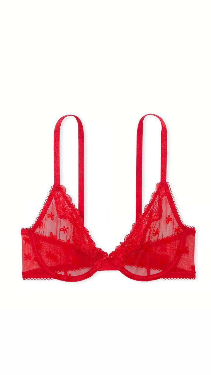 Мереживний комплект від Victoria's Secret - Tease Mesh Lace-Trim Cheeky Panty / Lightly Lined Wireless Lace-Trim Bra Bright Vermillion Bows 