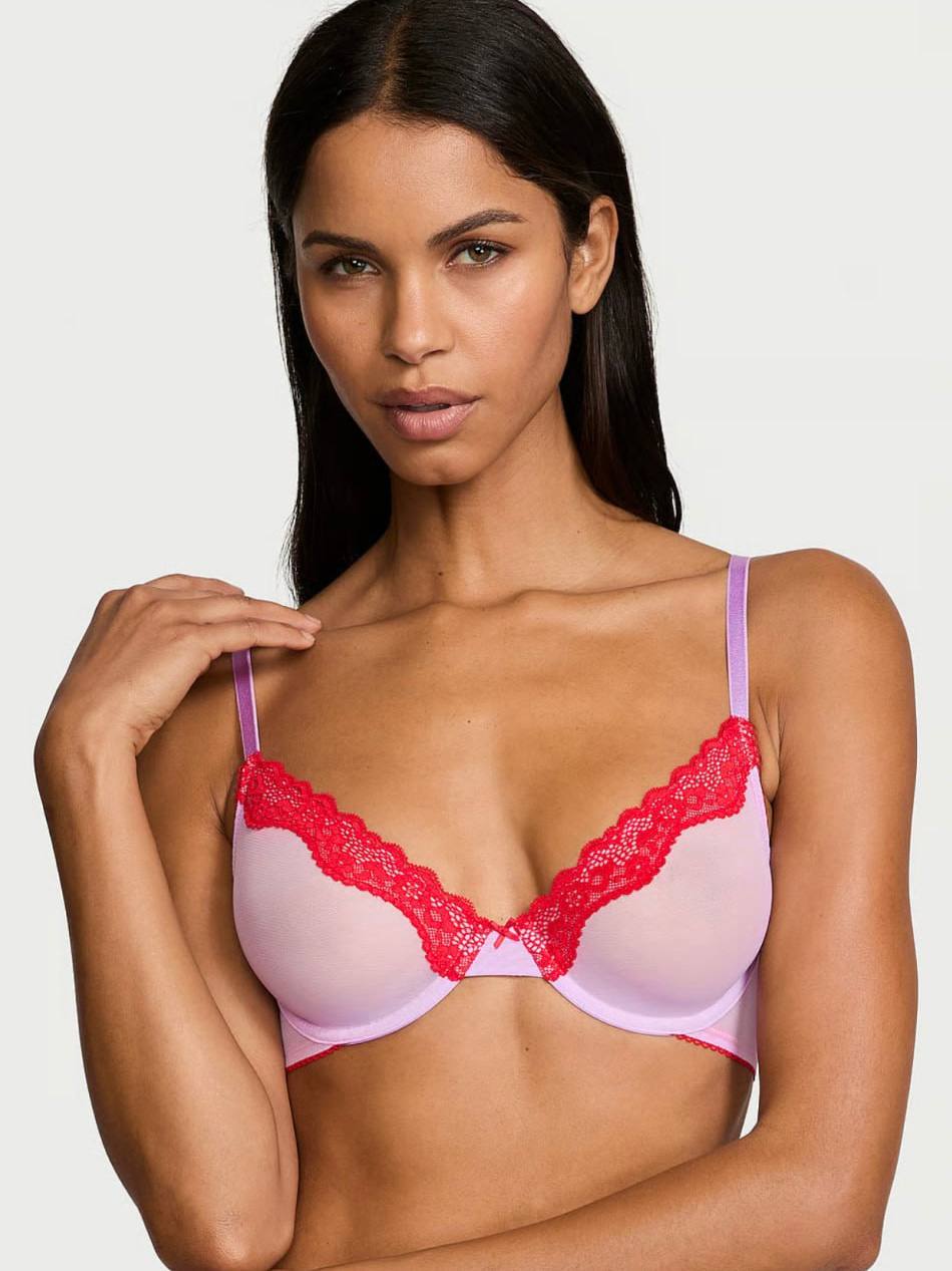 Мереживний комплект від Victoria's Secret - Tease Mesh Lace-Trim Cheeky Panty  / Lightly Lined Wireless Lace-Trim Bra Silky Lilac