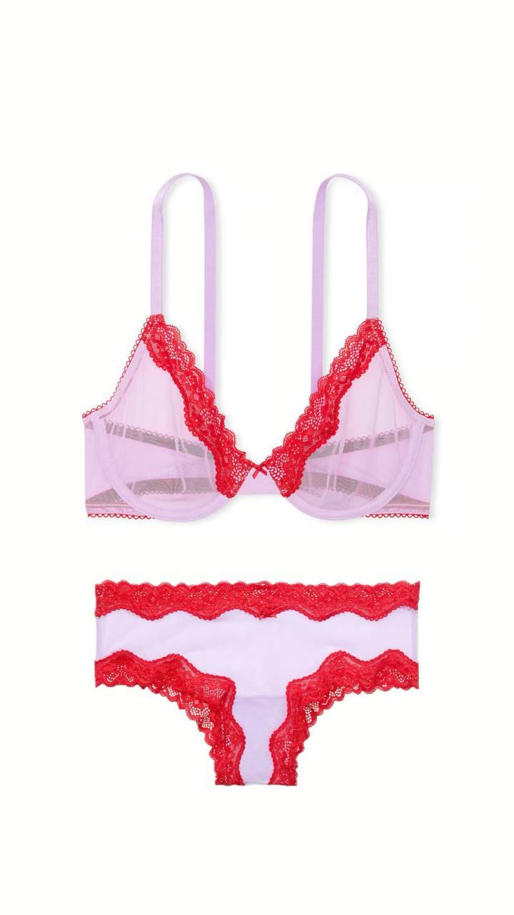 Мереживний комплект від Victoria's Secret - Tease Mesh Lace-Trim Cheeky Panty  / Lightly Lined Wireless Lace-Trim Bra Silky Lilac