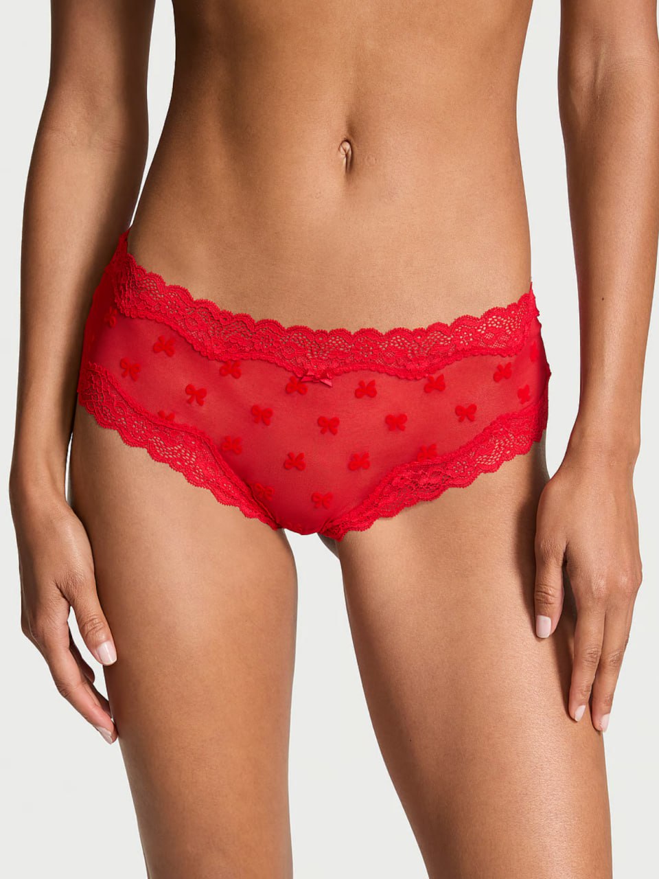 Мереживний комплект від Victoria's Secret - Tease Mesh Lace-Trim Cheeky Panty / Lightly Lined Wireless Lace-Trim Bra Bright Vermillion Bows